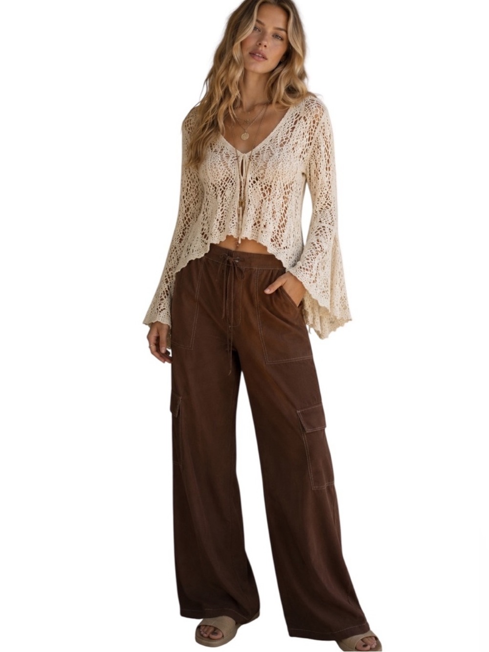 Very J New In Chocolate Brown Cotton Linen blend Cargo Wide Leg Pants Medium NWT